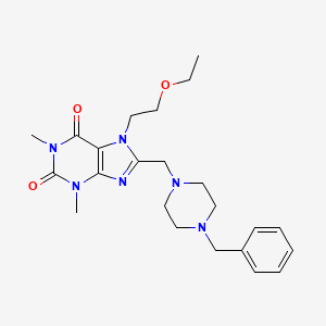 molecular formula C23H32N6O3 B2800881 8-[(4-benzylpiperazin-1-yl)methyl]-7-(2-ethoxyethyl)-1,3-dimethyl-3,7-dihydro-1H-purine-2,6-dione CAS No. 573950-51-3
