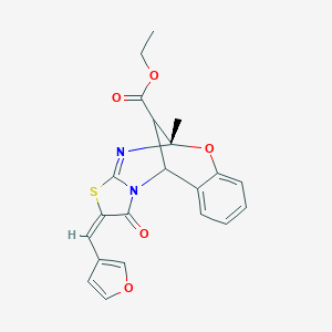 molecular formula C21H18N2O5S B280093 Ethyl 13-(3-furylmethylene)-9-methyl-14-oxo-8-oxa-12-thia-10,15-diazatetracyclo[7.6.1.0~2,7~.0~11,15~]hexadeca-2,4,6,10-tetraene-16-carboxylate 