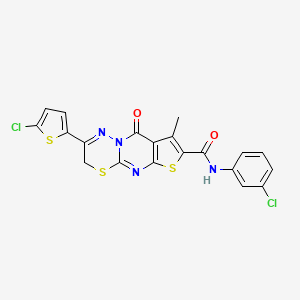 molecular formula C20H12Cl2N4O2S3 B2801077 N-(3-chlorophenyl)-2-(5-chlorothien-2-yl)-8-methyl-9-oxo-3H,9H-thieno[2',3':4,5]pyrimido[2,1-b][1,3,4]thiadiazine-7-carboxamide CAS No. 866842-54-8