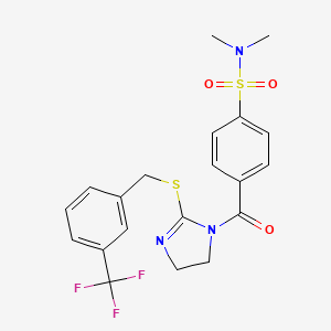 molecular formula C20H20F3N3O3S2 B2801154 N,N-dimethyl-4-(2-((3-(trifluoromethyl)benzyl)thio)-4,5-dihydro-1H-imidazole-1-carbonyl)benzenesulfonamide CAS No. 851805-82-8