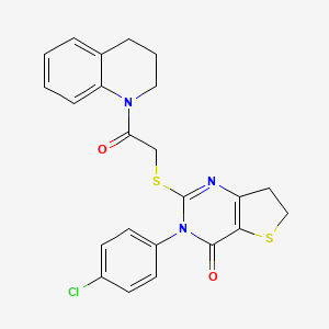 molecular formula C23H20ClN3O2S2 B2801176 3-(4-chlorophenyl)-2-[2-(3,4-dihydro-2H-quinolin-1-yl)-2-oxoethyl]sulfanyl-6,7-dihydrothieno[3,2-d]pyrimidin-4-one CAS No. 687563-16-2