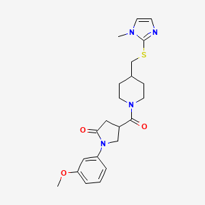 molecular formula C22H28N4O3S B2801235 1-(3-甲氧基苯基)-4-(4-(((1-甲基-1H-咪唑-2-基)硫甲基)哌啶-1-甲酰)吡咯啉-2-酮 CAS No. 1428374-03-1