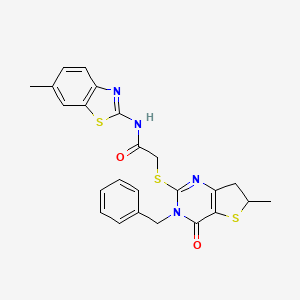 molecular formula C24H22N4O2S3 B2801262 2-((3-benzyl-6-methyl-4-oxo-3,4,6,7-tetrahydrothieno[3,2-d]pyrimidin-2-yl)thio)-N-(6-methylbenzo[d]thiazol-2-yl)acetamide CAS No. 689262-94-0