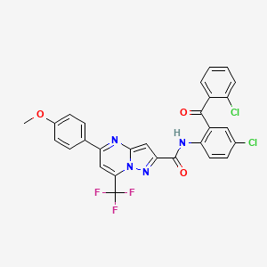 molecular formula C28H17Cl2F3N4O3 B2801271 N-[4-氯-2-(2-氯苯甲酰)苯基]-5-(4-甲氧基苯基)-7-(三氟甲基)吡唑并[1,5-a]嘧啶-2-羧酰胺 CAS No. 313245-45-3