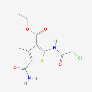 molecular formula C11H13ClN2O4S B2801302 Ethyl 5-(aminocarbonyl)-2-[(chloroacetyl)amino]-4-methylthiophene-3-carboxylate CAS No. 551910-09-9