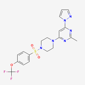 molecular formula C19H19F3N6O3S B2801334 2-甲基-4-(1H-吡唑-1-基)-6-(4-((4-(三氟甲氧基)苯基)磺酰)哌嗪-1-基)嘧啶 CAS No. 1170974-37-4