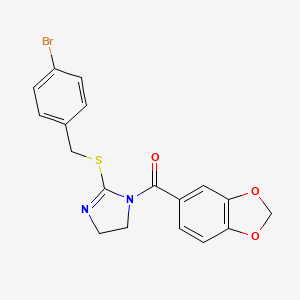 molecular formula C18H15BrN2O3S B2801339 1,3-Benzodioxol-5-yl-[2-[(4-bromophenyl)methylsulfanyl]-4,5-dihydroimidazol-1-yl]methanone CAS No. 851800-57-2