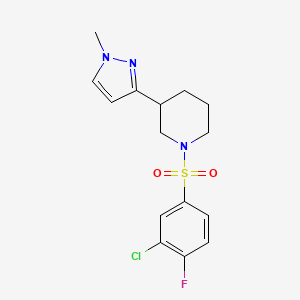 molecular formula C15H17ClFN3O2S B2801341 1-((3-chloro-4-fluorophenyl)sulfonyl)-3-(1-methyl-1H-pyrazol-3-yl)piperidine CAS No. 2034461-32-8