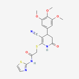 molecular formula C20H20N4O5S2 B2801344 2-((3-cyano-6-oxo-4-(3,4,5-trimethoxyphenyl)-1,4,5,6-tetrahydropyridin-2-yl)thio)-N-(thiazol-2-yl)acetamide CAS No. 683794-44-7