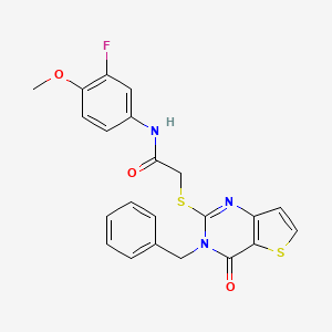 molecular formula C22H18FN3O3S2 B2801416 2-({3-benzyl-4-oxo-3H,4H-thieno[3,2-d]pyrimidin-2-yl}sulfanyl)-N-(3-fluoro-4-methoxyphenyl)acetamide CAS No. 1252883-54-7