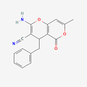 molecular formula C17H14N2O3 B2801522 2-amino-4-benzyl-7-methyl-5-oxo-4H,5H-pyrano[4,3-b]pyran-3-carbonitrile CAS No. 489397-49-1