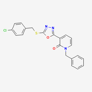 molecular formula C21H16ClN3O2S B2801644 3-[5-[(4-Chlorophenyl)methylthio]-1,3,4-oxadiazol-2-yl]-1-(phenylmethyl)-2-pyridinone CAS No. 242472-24-8