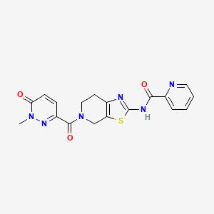 molecular formula C18H16N6O3S B2801654 N-(5-(1-methyl-6-oxo-1,6-dihydropyridazine-3-carbonyl)-4,5,6,7-tetrahydrothiazolo[5,4-c]pyridin-2-yl)picolinamide CAS No. 1790195-39-9