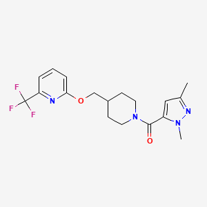 molecular formula C18H21F3N4O2 B2801661 2-{[1-(1,3-dimethyl-1H-pyrazole-5-carbonyl)piperidin-4-yl]methoxy}-6-(trifluoromethyl)pyridine CAS No. 2198914-02-0