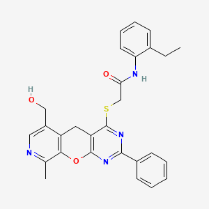 molecular formula C28H26N4O3S B2801672 N-(2-ethylphenyl)-2-[[11-(hydroxymethyl)-14-methyl-5-phenyl-2-oxa-4,6,13-triazatricyclo[8.4.0.03,8]tetradeca-1(10),3(8),4,6,11,13-hexaen-7-yl]sulfanyl]acetamide CAS No. 892379-29-2