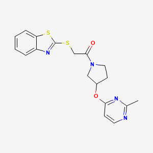 molecular formula C18H18N4O2S2 B2801809 2-(1,3-Benzothiazol-2-ylsulfanyl)-1-{3-[(2-methylpyrimidin-4-yl)oxy]pyrrolidin-1-yl}ethan-1-one CAS No. 2097894-72-7