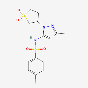 molecular formula C14H16FN3O4S2 B2801826 N-(1-(1,1-dioxidotetrahydrothiophen-3-yl)-3-methyl-1H-pyrazol-5-yl)-4-fluorobenzenesulfonamide CAS No. 1172515-86-4