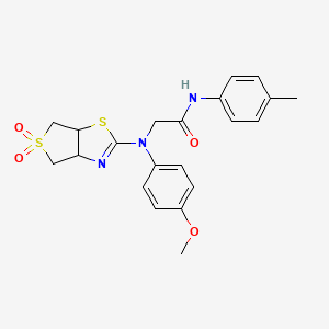 molecular formula C21H23N3O4S2 B2801840 2-((5,5-dioxido-3a,4,6,6a-tetrahydrothieno[3,4-d]thiazol-2-yl)(4-methoxyphenyl)amino)-N-(p-tolyl)acetamide CAS No. 872200-39-0