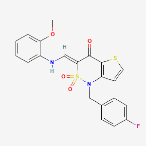 molecular formula C21H17FN2O4S2 B2801871 (Z)-1-(4-fluorobenzyl)-3-(((2-methoxyphenyl)amino)methylene)-1H-thieno[3,2-c][1,2]thiazin-4(3H)-one 2,2-dioxide CAS No. 894680-79-6