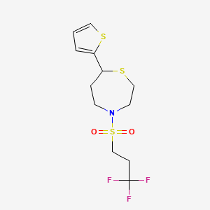 molecular formula C12H16F3NO2S3 B2801885 7-(Thiophen-2-yl)-4-((3,3,3-trifluoropropyl)sulfonyl)-1,4-thiazepane CAS No. 1704560-64-4