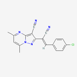molecular formula C18H12ClN5 B2801934 2-[(1Z)-2-(4-chlorophenyl)-1-cyanoeth-1-en-1-yl]-5,7-dimethylpyrazolo[1,5-a]pyrimidine-3-carbonitrile CAS No. 338977-13-2