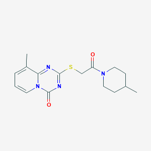 molecular formula C16H20N4O2S B2801945 9-甲基-2-[2-(4-甲基哌啶-1-基)-2-氧代乙基]硫醇吡啶并[1,2-a][1,3,5]三嗪-4-酮 CAS No. 896338-43-5