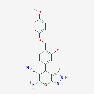 molecular formula C23H22N4O4 B280195 6-Amino-4-{3-methoxy-4-[(4-methoxyphenoxy)methyl]phenyl}-3-methyl-1,4-dihydropyrano[2,3-c]pyrazole-5-carbonitrile 