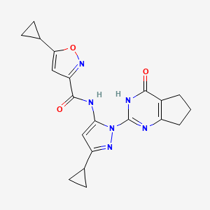 molecular formula C20H20N6O3 B2801964 5-cyclopropyl-N-(3-cyclopropyl-1-(4-oxo-4,5,6,7-tetrahydro-3H-cyclopenta[d]pyrimidin-2-yl)-1H-pyrazol-5-yl)isoxazole-3-carboxamide CAS No. 1207008-27-2