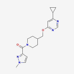 molecular formula C18H23N5O2 B2802072 4-cyclopropyl-6-{[1-(1-methyl-1H-pyrazole-3-carbonyl)piperidin-4-yl]methoxy}pyrimidine CAS No. 2309751-98-0