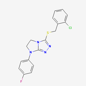 molecular formula C17H14ClFN4S B2802083 3-((2-chlorobenzyl)thio)-7-(4-fluorophenyl)-6,7-dihydro-5H-imidazo[2,1-c][1,2,4]triazole CAS No. 923179-17-3