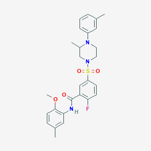 molecular formula C27H30FN3O4S B2802162 2-fluoro-N-(2-methoxy-5-methylphenyl)-5-[3-methyl-4-(3-methylphenyl)piperazin-1-yl]sulfonylbenzamide CAS No. 451500-23-5