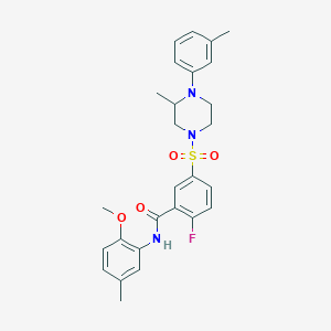 molecular formula C27H30FN3O4S B2802162 2-fluoro-N-(2-methoxy-5-methylphenyl)-5-((3-methyl-4-(m-tolyl)piperazin-1-yl)sulfonyl)benzamide CAS No. 451500-23-5