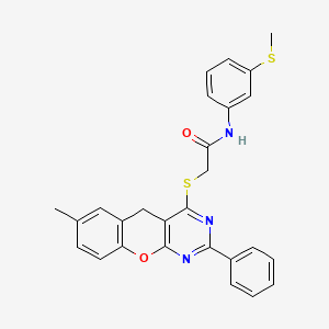 molecular formula C27H23N3O2S2 B2802187 2-[(7-methyl-2-phenyl-5H-chromeno[2,3-d]pyrimidin-4-yl)sulfanyl]-N-(3-methylsulfanylphenyl)acetamide CAS No. 866848-15-9