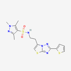 molecular formula C16H18N6O2S3 B2802224 1,3,5-trimethyl-N-(2-(2-(thiophen-2-yl)thiazolo[3,2-b][1,2,4]triazol-6-yl)ethyl)-1H-pyrazole-4-sulfonamide CAS No. 1448070-79-8
