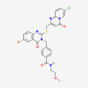 molecular formula C28H23BrClN5O4S B2802264 4-((6-bromo-2-(((7-chloro-4-oxo-4H-pyrido[1,2-a]pyrimidin-2-yl)methyl)thio)-4-oxoquinazolin-3(4H)-yl)methyl)-N-(2-methoxyethyl)benzamide CAS No. 422288-72-0