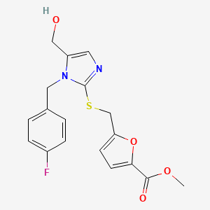 molecular formula C18H17FN2O4S B2802280 methyl 5-(((1-(4-fluorobenzyl)-5-(hydroxymethyl)-1H-imidazol-2-yl)thio)methyl)furan-2-carboxylate CAS No. 858094-53-8