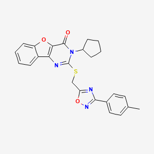molecular formula C25H22N4O3S B2802346 3-cyclopentyl-2-(((3-(p-tolyl)-1,2,4-oxadiazol-5-yl)methyl)thio)benzofuro[3,2-d]pyrimidin-4(3H)-one CAS No. 1029790-73-5
