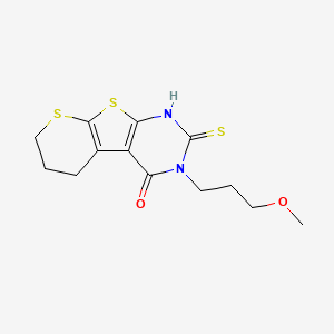 molecular formula C13H16N2O2S3 B2802361 4-(3-Methoxypropyl)-5-sulfanyl-8,10-dithia-4,6-diazatricyclo[7.4.0.0^{2,7}]trideca-1(9),2(7),5-trien-3-one CAS No. 793716-06-0