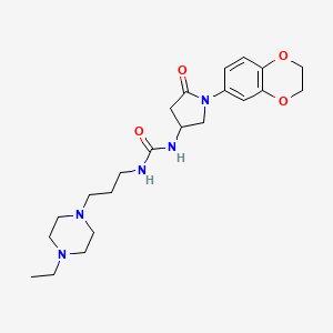 molecular formula C22H33N5O4 B2802370 1-(1-(2,3-Dihydrobenzo[b][1,4]dioxin-6-yl)-5-oxopyrrolidin-3-yl)-3-(3-(4-ethylpiperazin-1-yl)propyl)urea CAS No. 895417-22-8