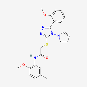 molecular formula C23H23N5O3S B2802372 N-(2-methoxy-5-methylphenyl)-2-{[5-(2-methoxyphenyl)-4-(1H-pyrrol-1-yl)-4H-1,2,4-triazol-3-yl]sulfanyl}acetamide CAS No. 896316-15-7