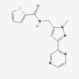 molecular formula C14H13N5OS B2802405 N-((1-methyl-3-(pyrazin-2-yl)-1H-pyrazol-5-yl)methyl)thiophene-2-carboxamide CAS No. 2034506-96-0