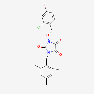 molecular formula C20H18ClFN2O4 B2802501 1-[(2-Chloro-4-fluorophenyl)methoxy]-3-[(2,4,6-trimethylphenyl)methyl]imidazolidine-2,4,5-trione CAS No. 303986-56-3