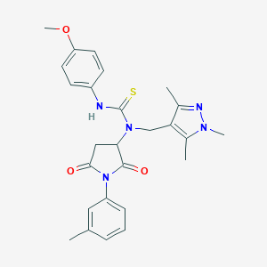 molecular formula C26H29N5O3S B280255 3-(4-methoxyphenyl)-1-[1-(3-methylphenyl)-2,5-dioxopyrrolidin-3-yl]-1-[(1,3,5-trimethyl-1H-pyrazol-4-yl)methyl]thiourea 
