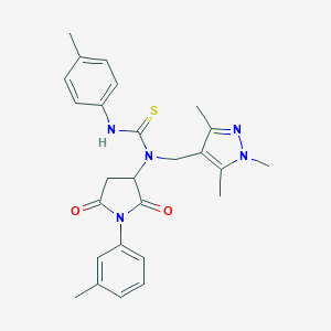 molecular formula C26H29N5O2S B280256 N'-(4-methylphenyl)-N-[1-(3-methylphenyl)-2,5-dioxo-3-pyrrolidinyl]-N-[(1,3,5-trimethyl-1H-pyrazol-4-yl)methyl]thiourea 