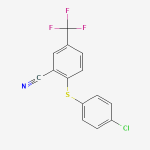 molecular formula C14H7ClF3NS B2802610 2-((4-Chlorophenyl)sulfanyl)-5-(trifluoromethyl)benzenecarbonitrile CAS No. 477866-87-8