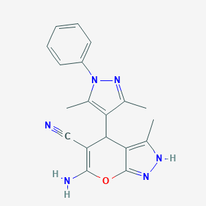 molecular formula C19H18N6O B280275 6-Amino-4-(3,5-dimethyl-1-phenyl-4-pyrazolyl)-3-methyl-2,4-dihydropyrano[2,3-c]pyrazole-5-carbonitrile 