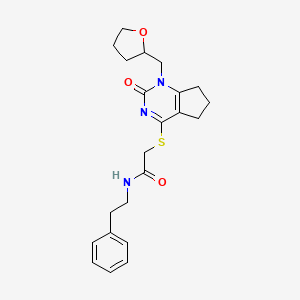 molecular formula C22H27N3O3S B2802752 2-((2-oxo-1-((tetrahydrofuran-2-yl)methyl)-2,5,6,7-tetrahydro-1H-cyclopenta[d]pyrimidin-4-yl)thio)-N-phenethylacetamide CAS No. 899756-28-6