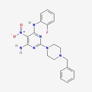 molecular formula C21H22FN7O2 B2802796 2-(4-benzylpiperazin-1-yl)-N4-(2-fluorophenyl)-5-nitropyrimidine-4,6-diamine CAS No. 573930-35-5