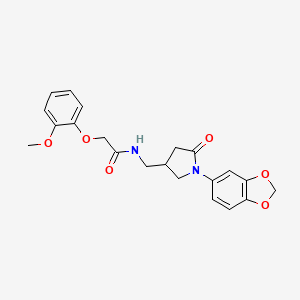 molecular formula C21H22N2O6 B2802799 N-((1-(benzo[d][1,3]dioxol-5-yl)-5-oxopyrrolidin-3-yl)methyl)-2-(2-methoxyphenoxy)acetamide CAS No. 955228-33-8