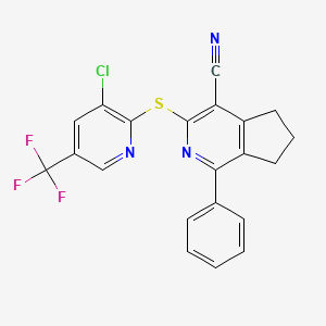 molecular formula C21H13ClF3N3S B2802801 3-{[3-chloro-5-(trifluoromethyl)-2-pyridinyl]sulfanyl}-1-phenyl-6,7-dihydro-5H-cyclopenta[c]pyridine-4-carbonitrile CAS No. 861209-33-8